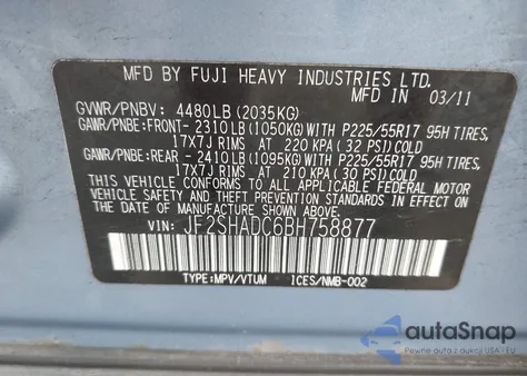 2011 Subaru Forester 2.5X Premium from USA, damaged, VIN JF2SHADC6BH758877